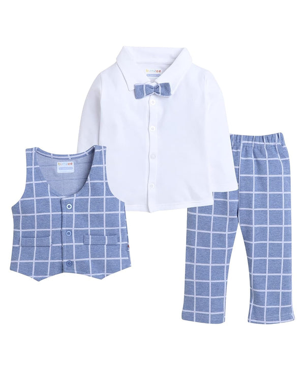 BUMZEE Beige & Navy Boys Full Sleeves Shirt Waistcoat & Pant Set with Applique Bow (Peb8050)